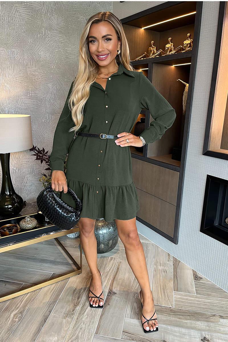 ax paris Olive Long Sleeve Frill Hem Shirt Mini Dress