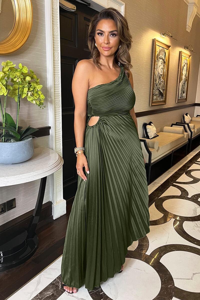 ax paris Olive One Shoulder Pleated Satin Midi Dress