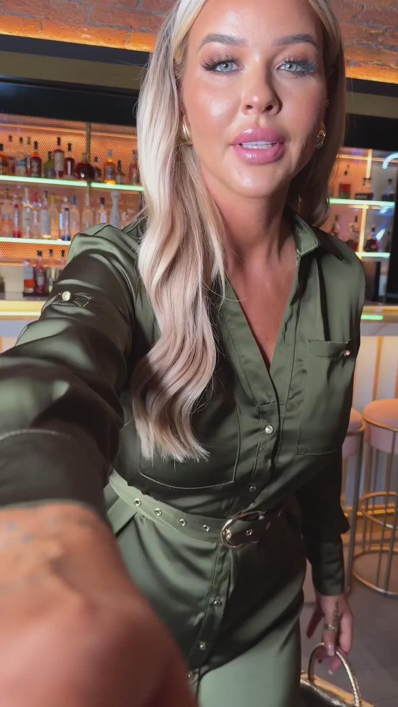 Ax Paris Olive Satin Belted 3/4 Sleeve Gold Buttons Shirt Midi Dress