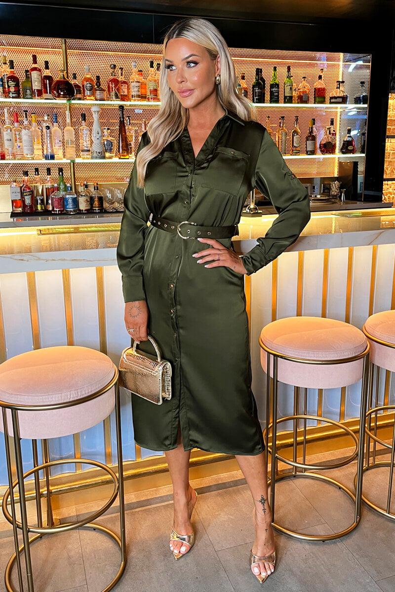 Ax Paris Olive Satin Belted 3/4 Sleeve Gold Buttons Shirt Midi Dress