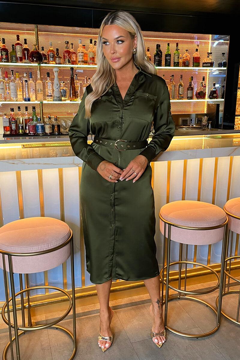 Ax Paris Olive Satin Belted 3/4 Sleeve Gold Buttons Shirt Midi Dress