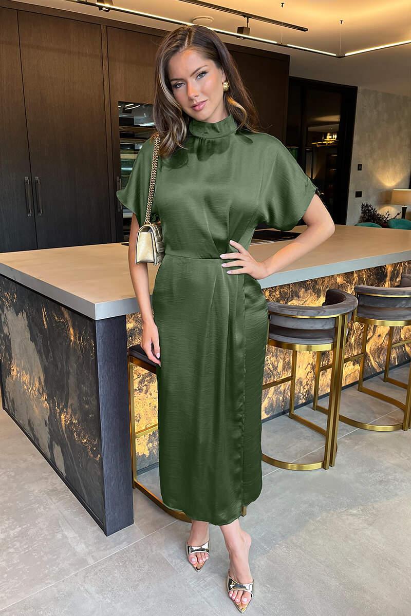 Ax Paris Olive Satin High Neck Wrap Skirt Midi Dress