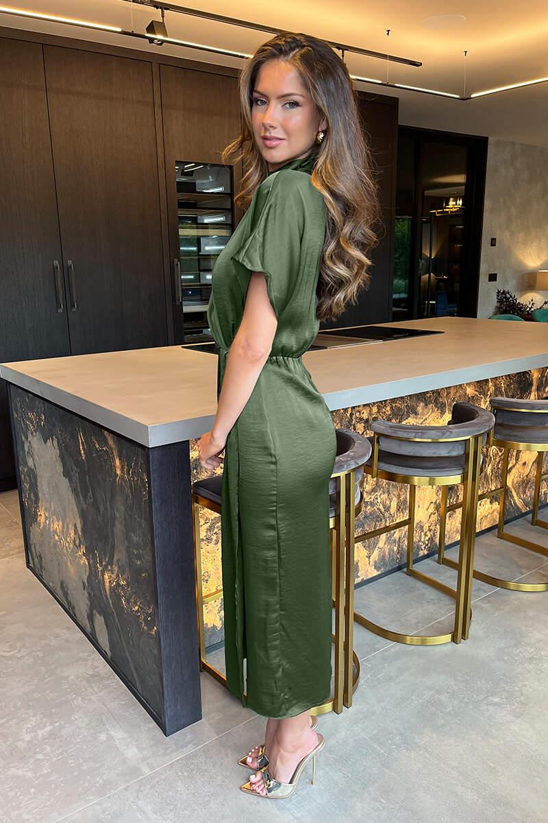Ax Paris Olive Satin High Neck Wrap Skirt Midi Dress