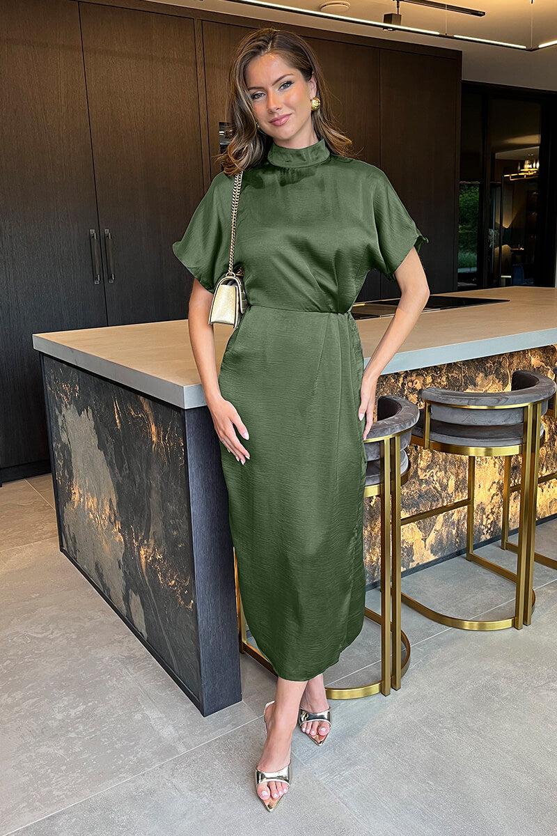 ax paris Olive Satin High Neck Wrap Skirt Midi Dress
