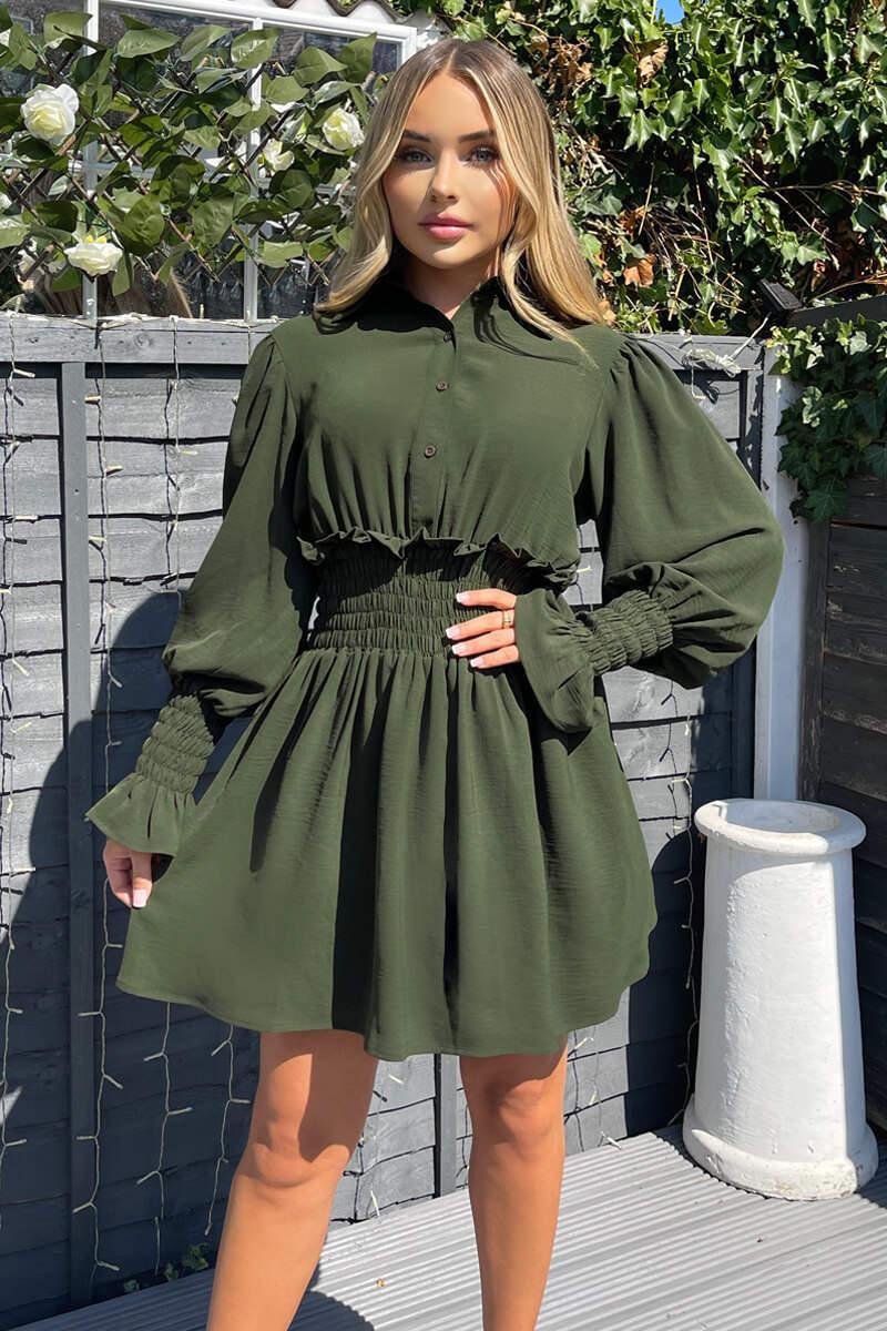 Ax Paris Olive Shirred Waist Long Sleeve Shirt Dress