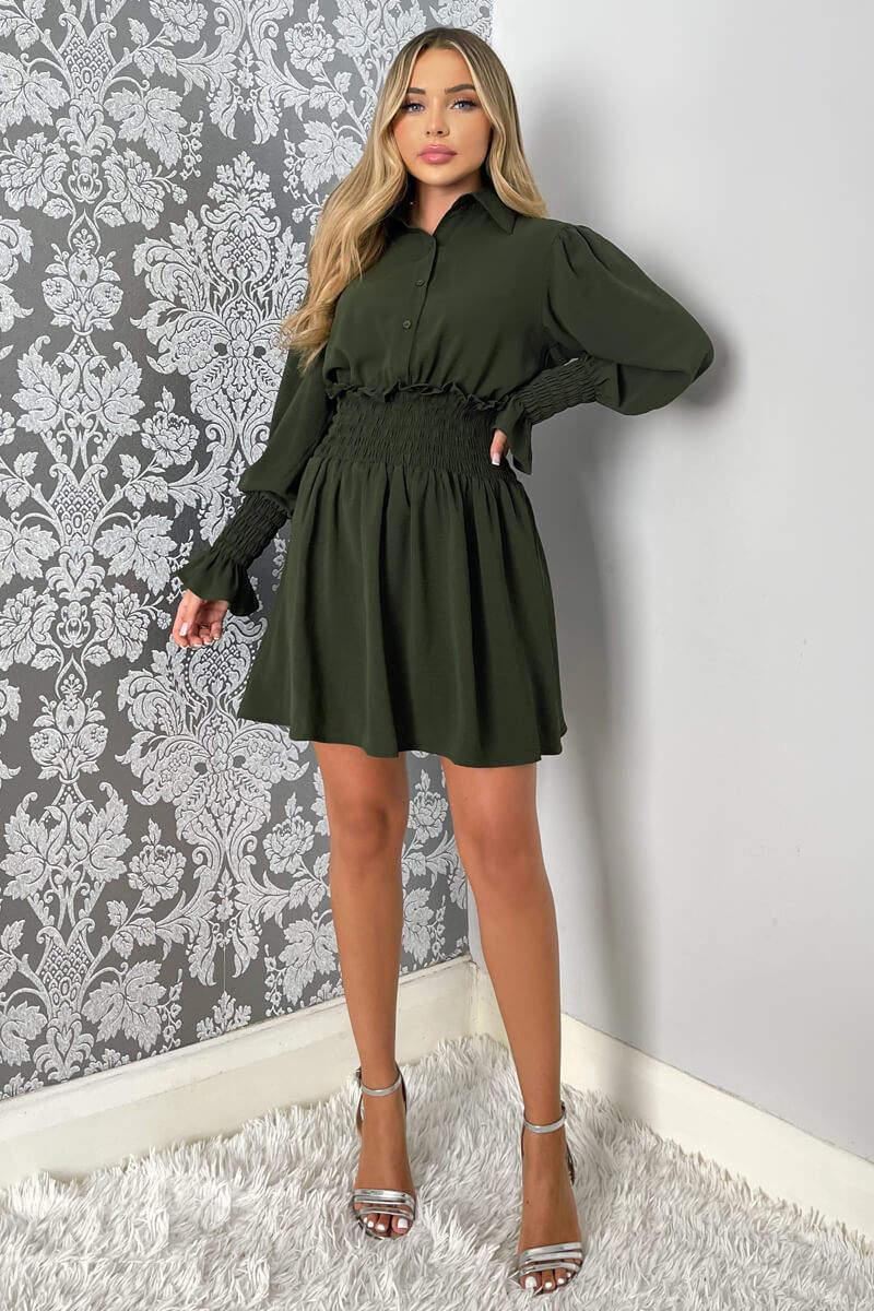Ax Paris Olive Shirred Waist Long Sleeve Shirt Dress