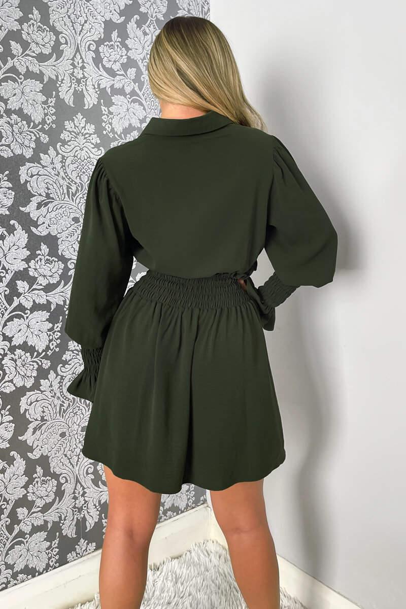 Ax Paris Olive Shirred Waist Long Sleeve Shirt Dress
