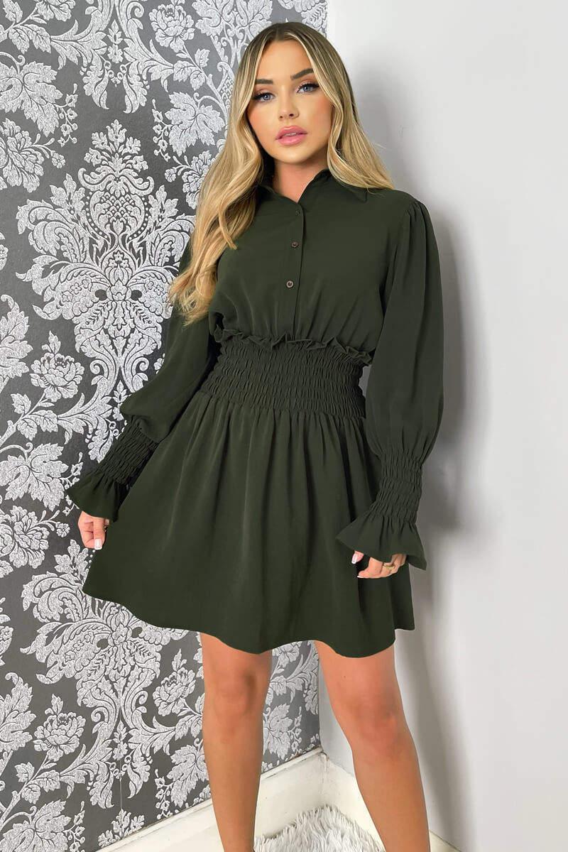 ax paris Olive Shirred Waist Long Sleeve Shirt Dress