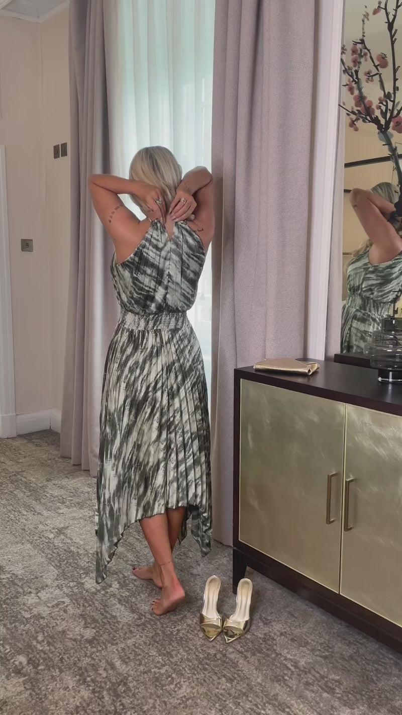 Ax Paris Olive Snake Print Racer Neck Zig Zag Hem Pleated Midi Dress