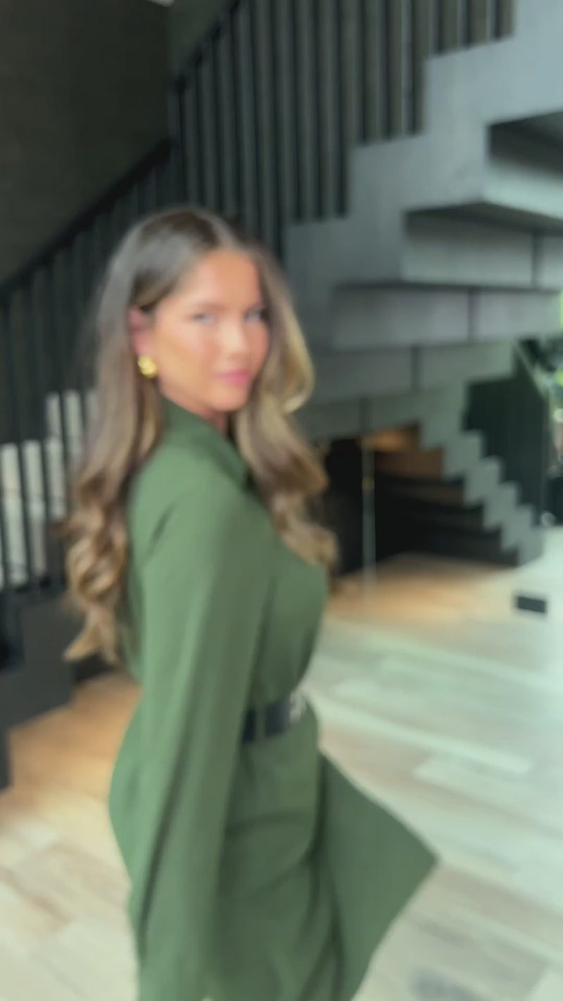 Ax Paris Olive Wrap Top Long Sleeve Belted Mini Dress