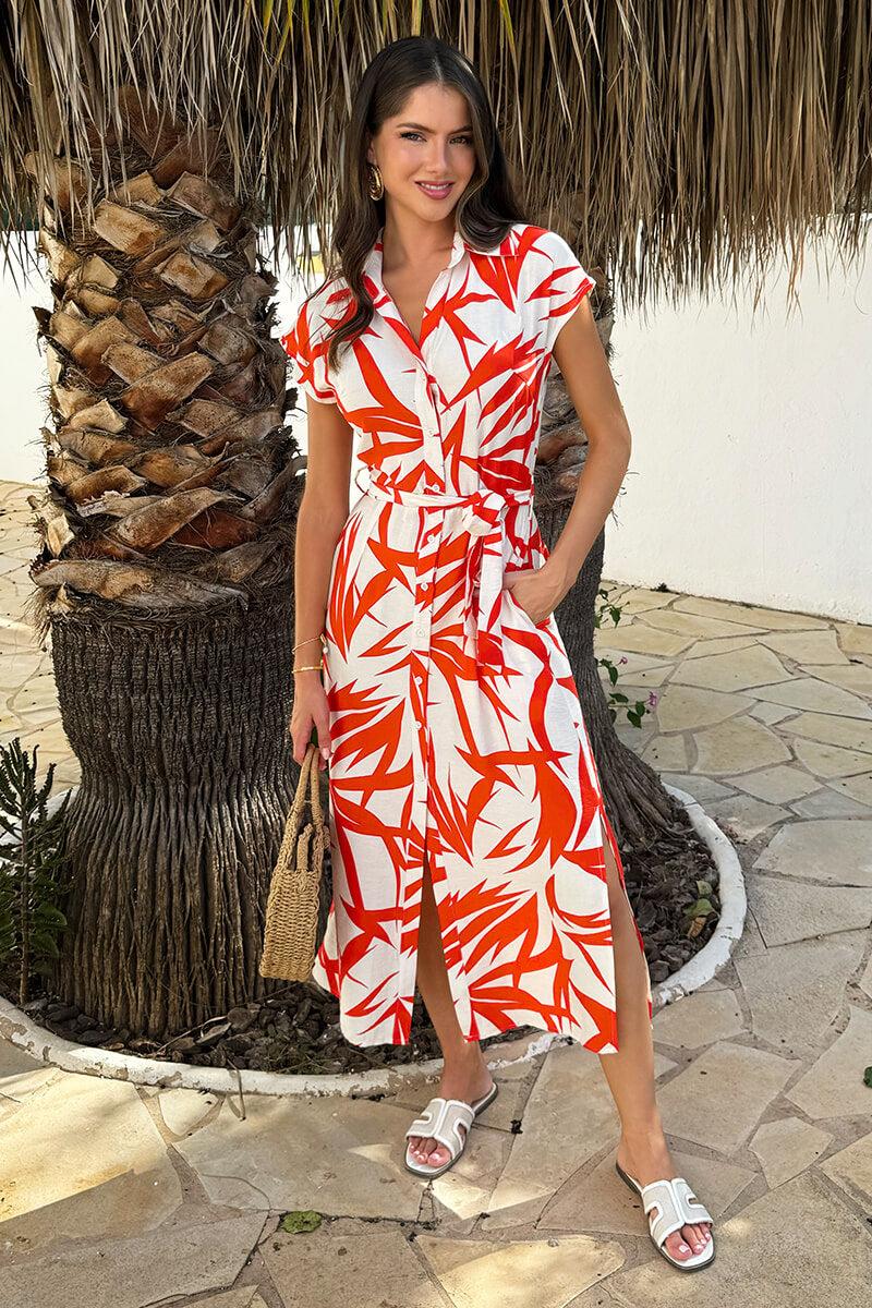 Ax Paris Orange And Cream Tropical Print Tie Waist Shirt Midi Dress