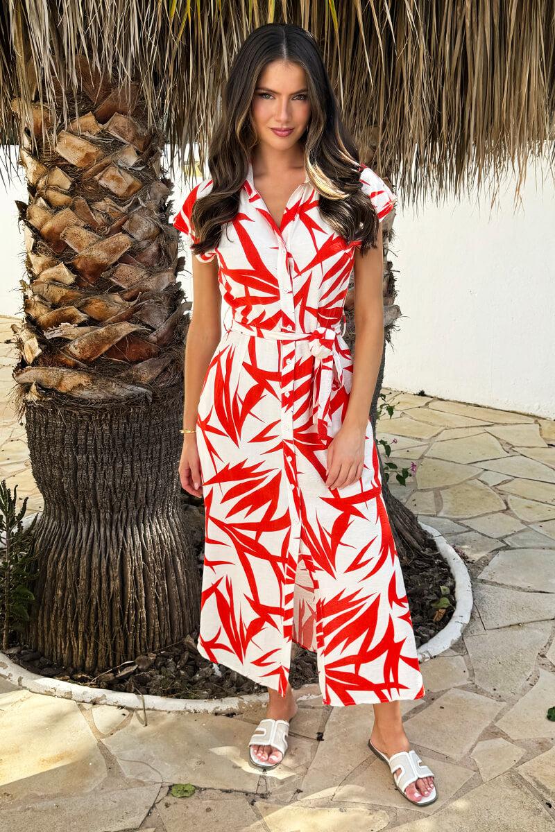 Ax Paris Orange And Cream Tropical Print Tie Waist Shirt Midi Dress