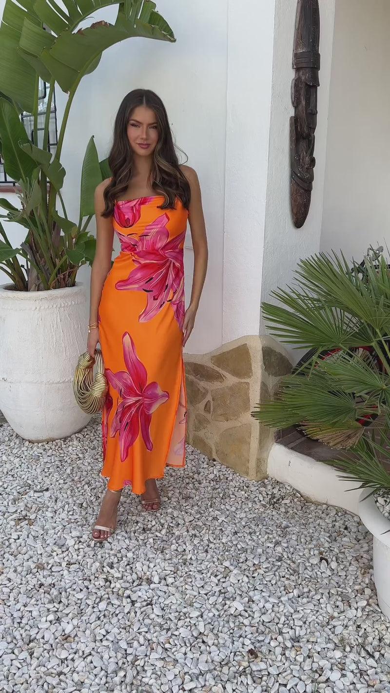 Ax Paris Orange And Pink Floral Print Strappy Slip Midi Dress