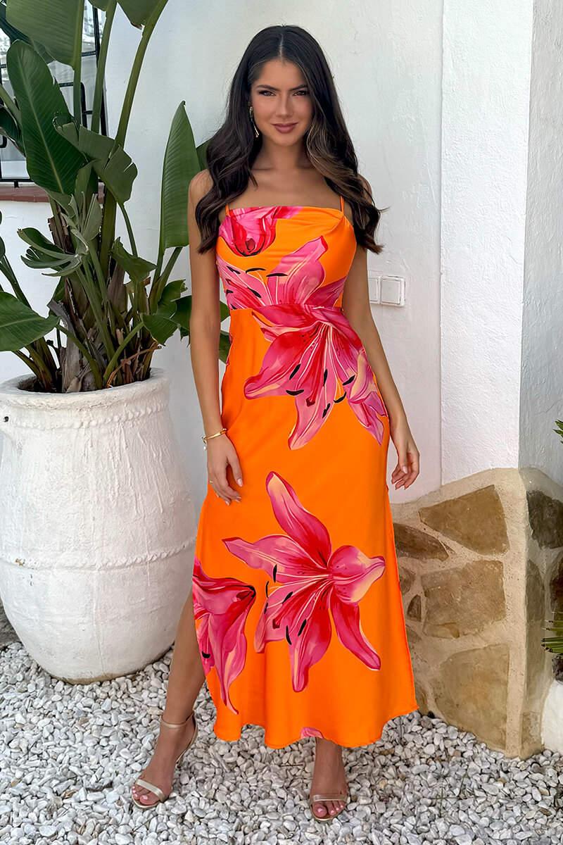 ax paris Orange And Pink Floral Print Strappy Slip Midi Dress