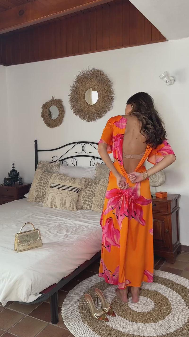 Ax Paris Orange And Pink Floral Print V Neck Cut Out Knot Detail Midi Dress