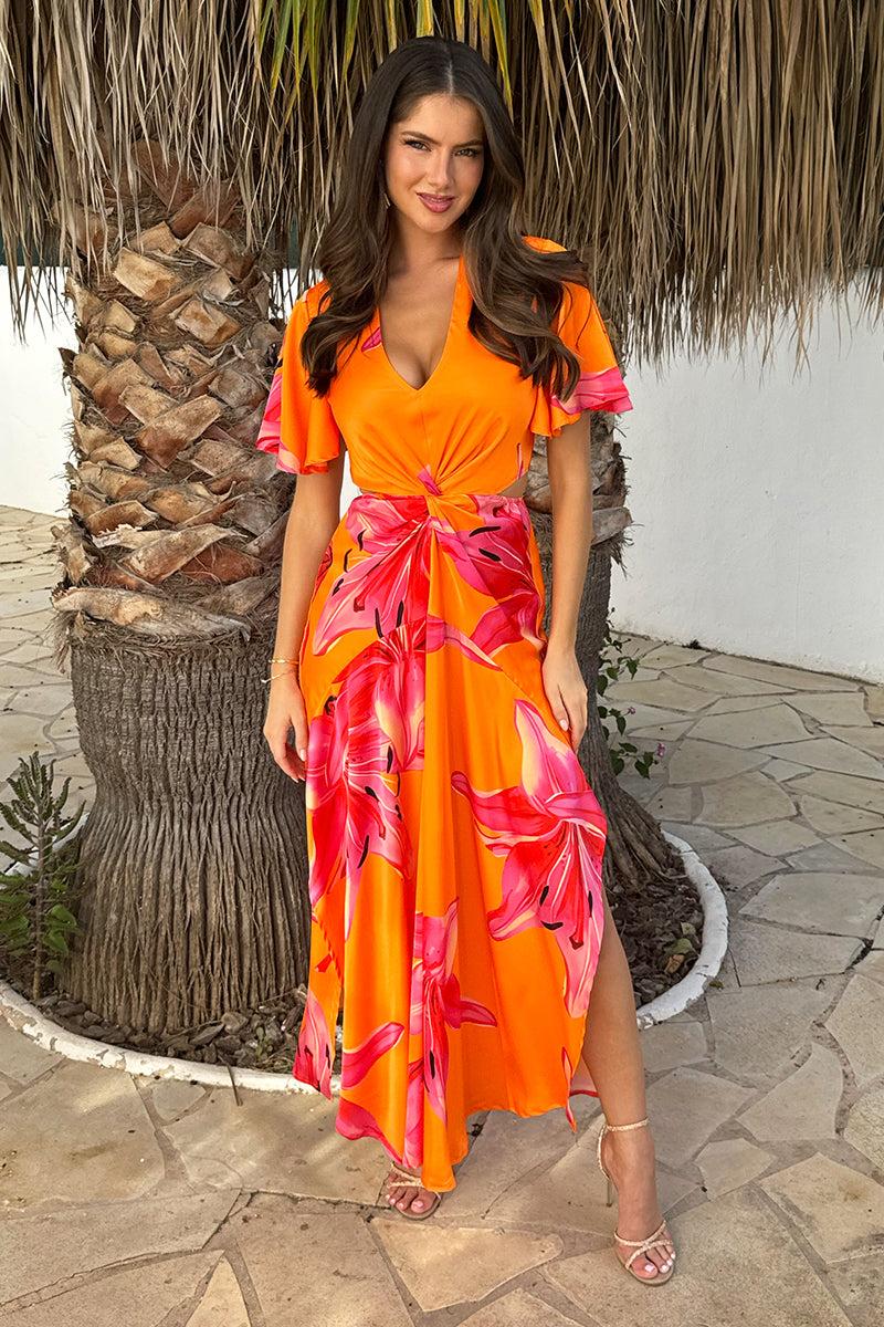 Ax Paris Orange And Pink Floral Print V Neck Cut Out Knot Detail Midi Dress