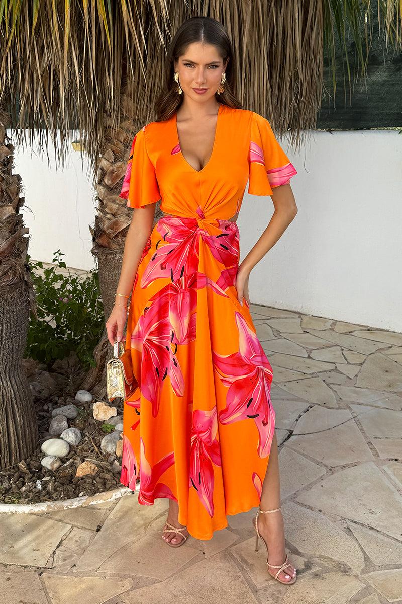 ax paris Orange And Pink Floral Print V Neck Cut Out Knot Detail Midi Dress ax paris Orange And Pink Floral Print V Neck Cut Out Knot Detail Midi Dress
