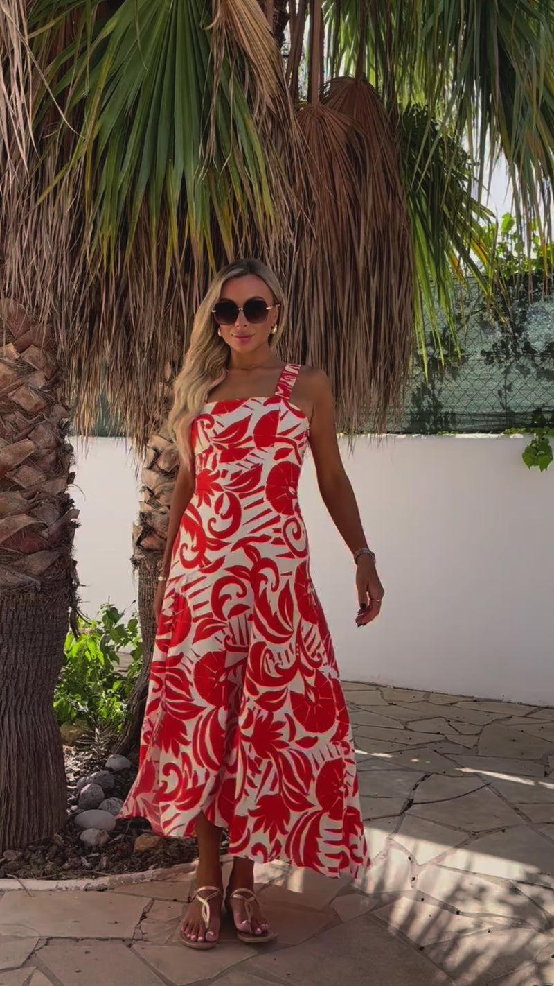 Ax Paris Orange And White Tropical Print Shirred Straps Button Detail Midi Dress