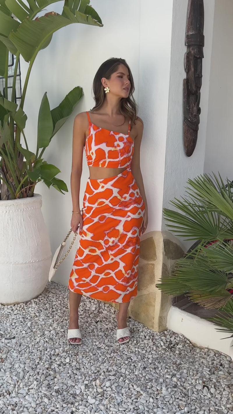 Ax Paris Orange Giraffe Print Asymmetric Cut Out Midi Dress