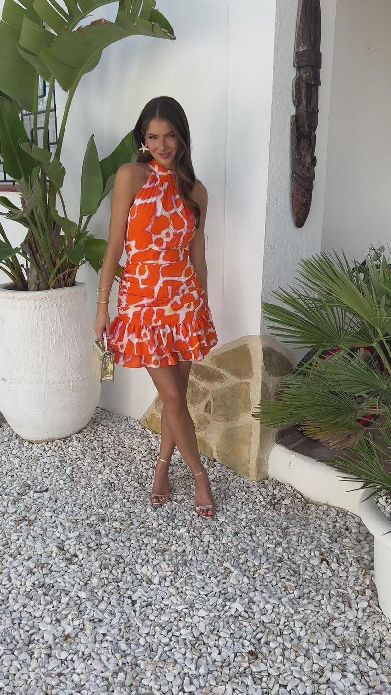 Ax Paris Orange Giraffe Print Halter Neck Ruched Mini Dress