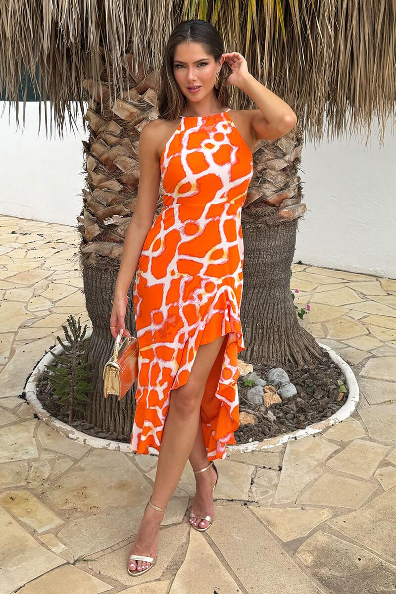 ax paris Orange Giraffe Print Racer Neck High Low Frill Hem Midi Dress