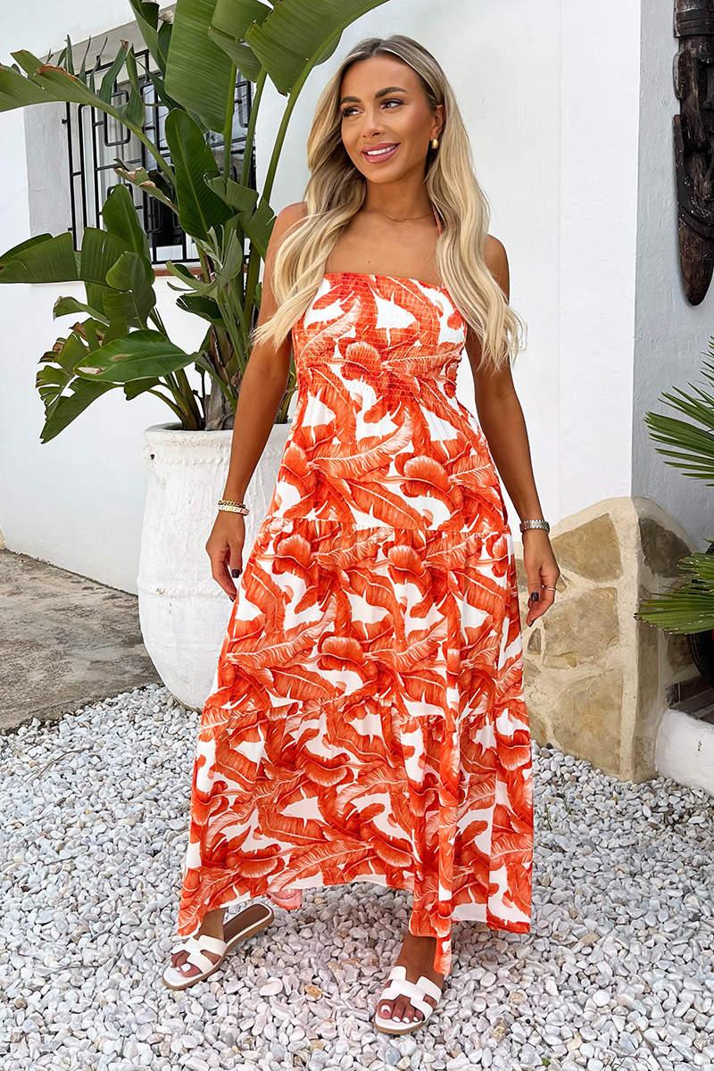 Ax Paris Orange Leaf Print Tie Neck Shirred Top Smock Midi Dress
