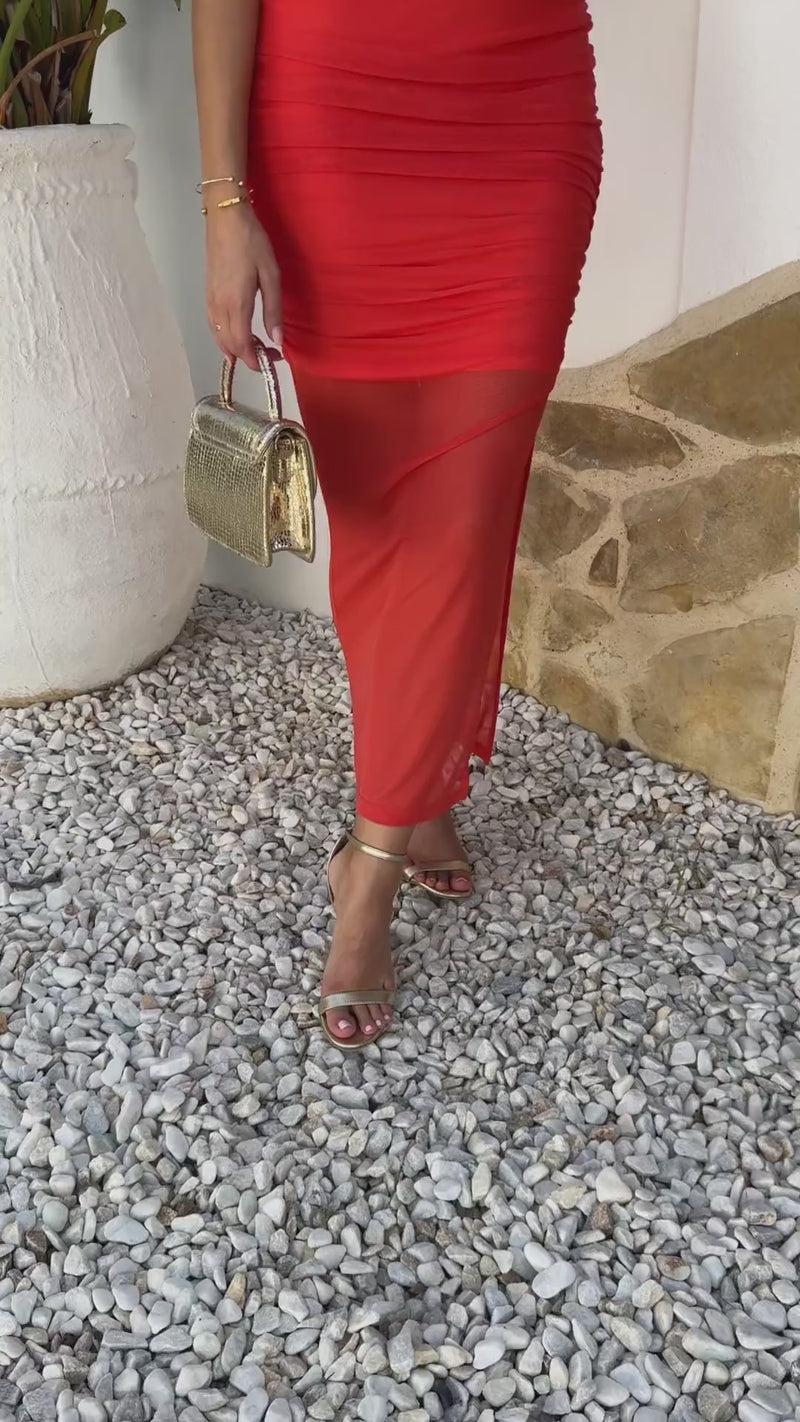 Ax Paris Orange Mesh Overlay Off The Shoulder Ruched Bodycon Midi Dress