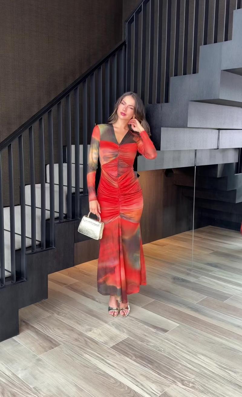 Ax Paris Orange Ombre Mesh Contrast Ruched Front Bodycon Midi Dress