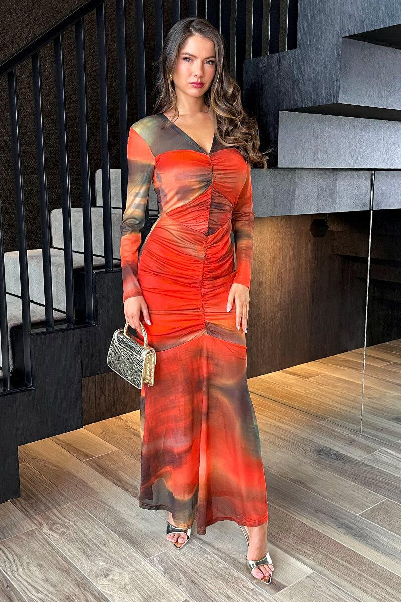 Ax Paris Orange Ombre Mesh Contrast Ruched Front Bodycon Midi Dress