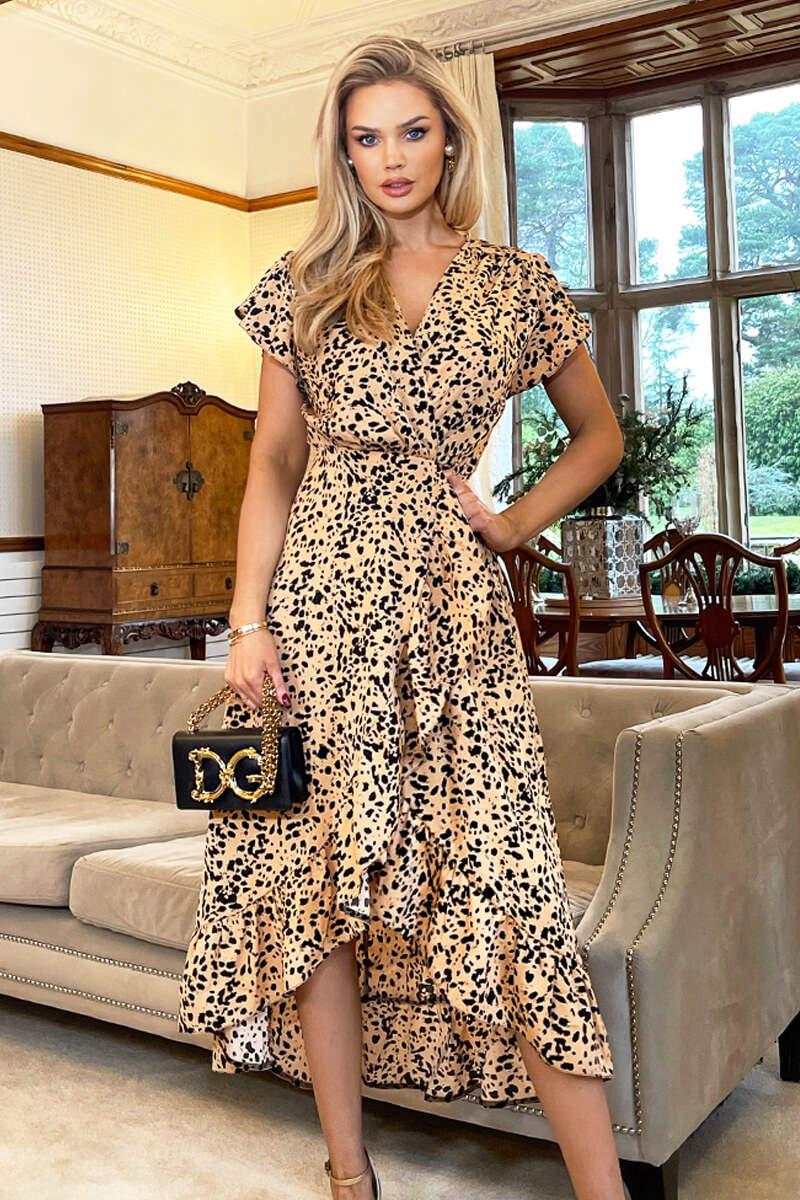 ax paris Peach And Black Printed Wrap Over Frill Hem Short Sleeve Midi Dress