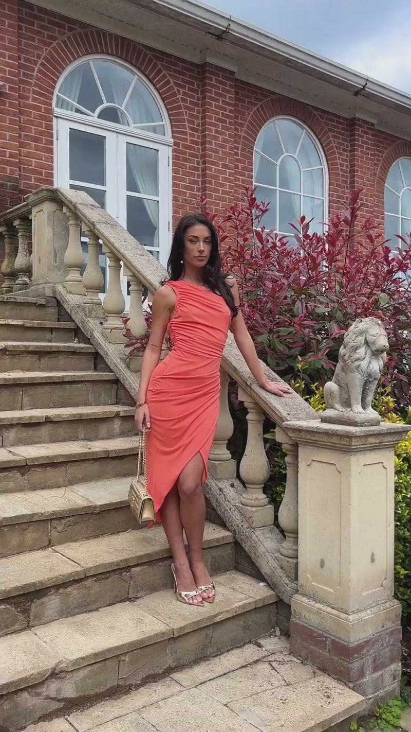 Ax Paris Peach One Shoulder Draped Wrap Skirt Midi Dress