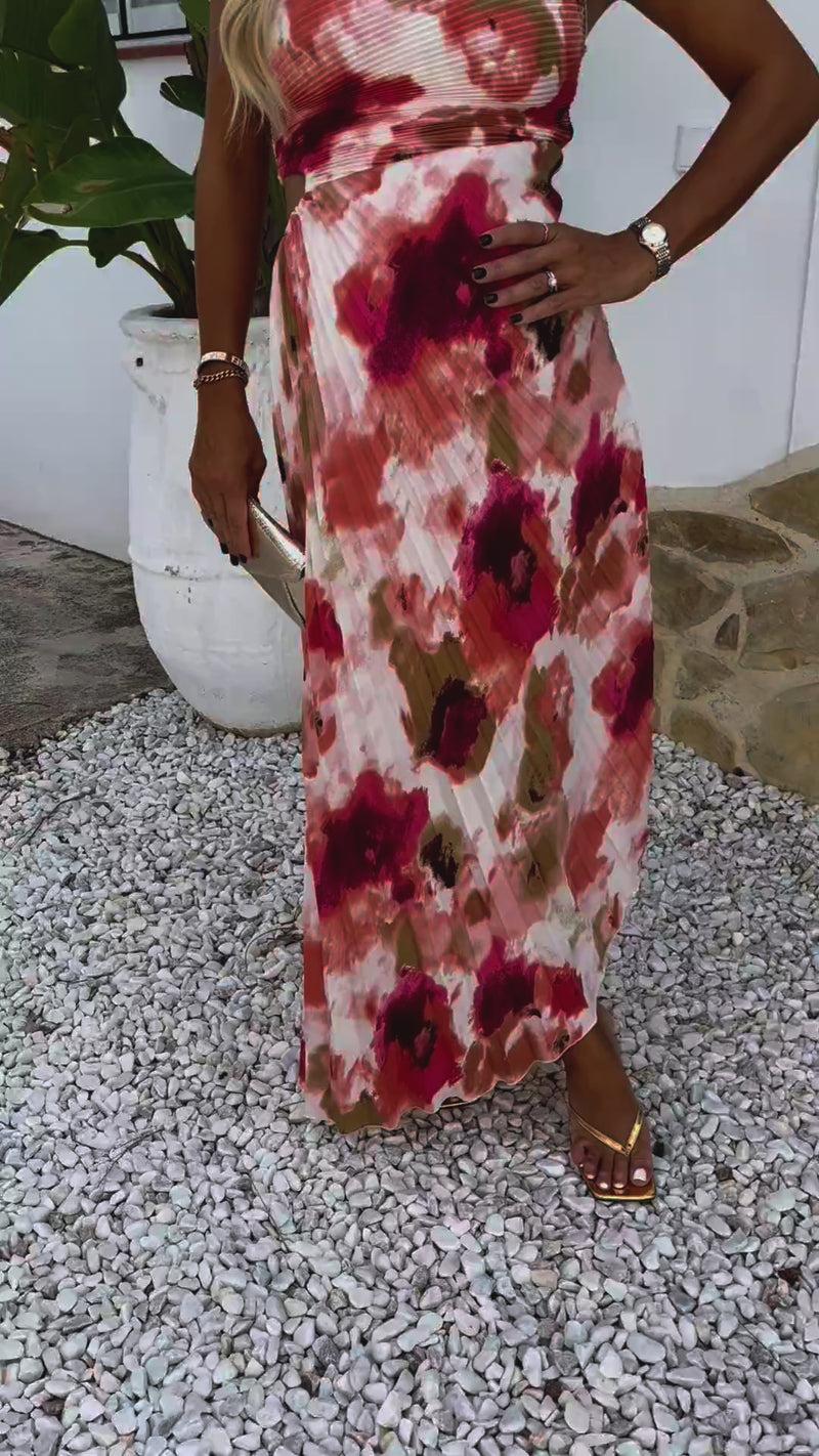 Ax Paris Peach Smudge Print One Shoulder Cut Out Pleated Midi Dress