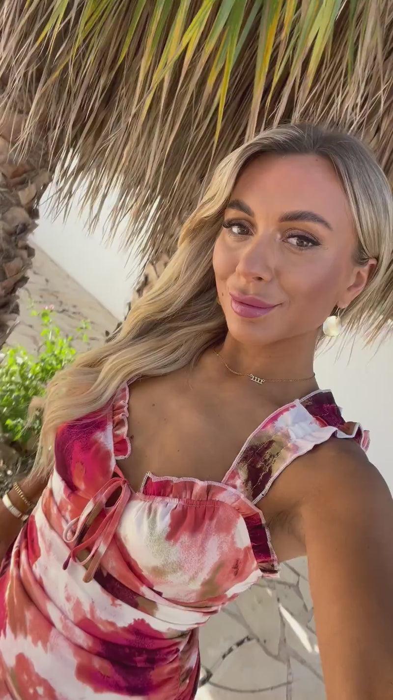 Ax Paris Peach Smudge Print Ruched Frill Straps Mini Dress