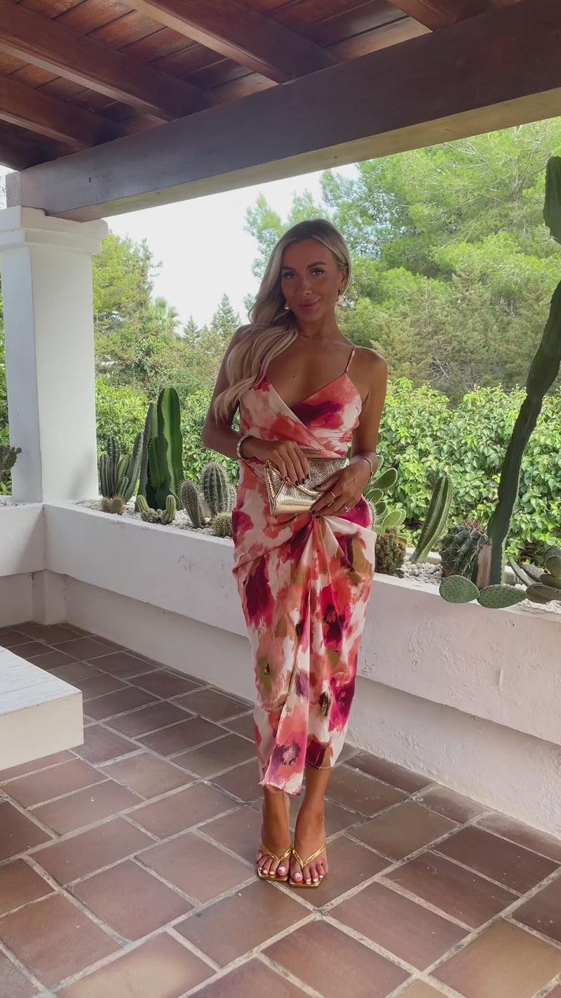 Ax Paris Peach Smudge Print Strappy Wrap Top Knot Skirt Midi Dress