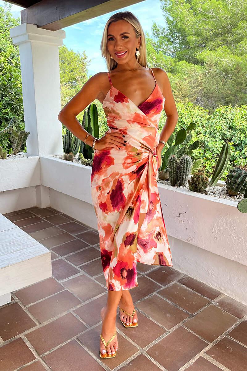 Ax Paris Peach Smudge Print Strappy Wrap Top Knot Skirt Midi Dress