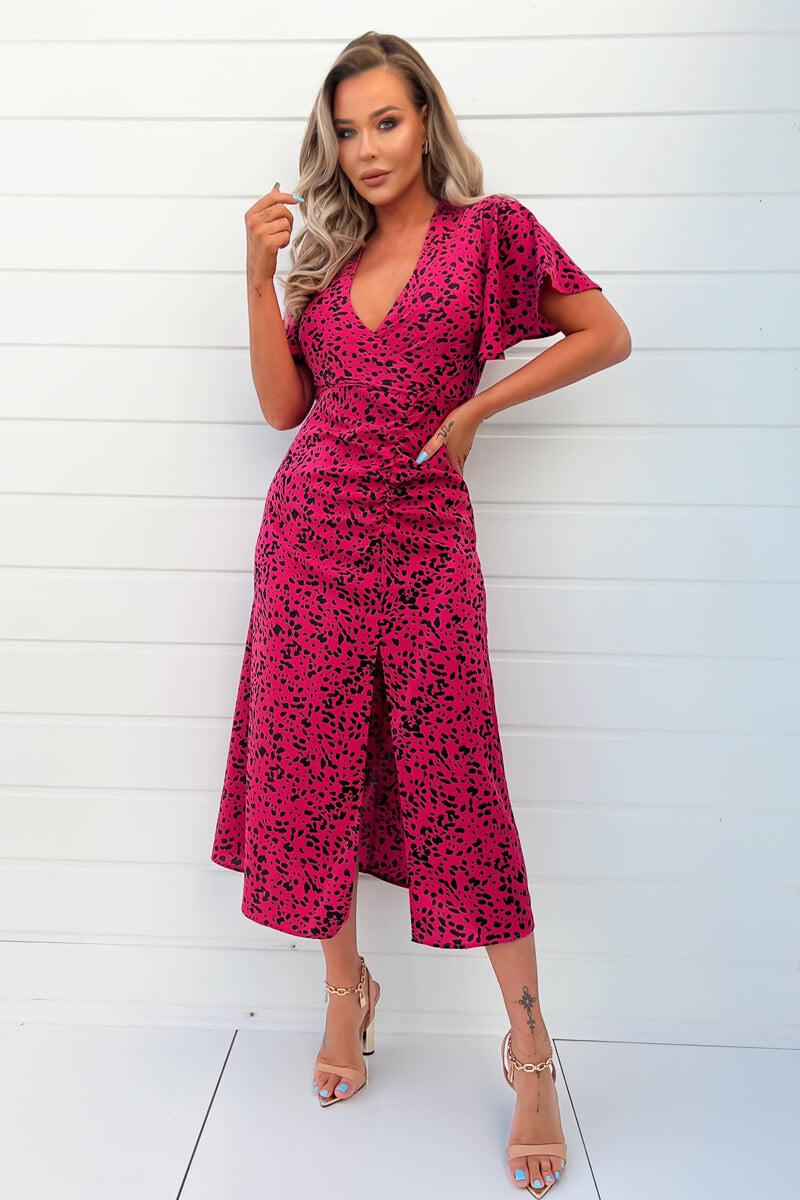 Ax Paris Pink And Black Printed Split Skirt Midi Dress