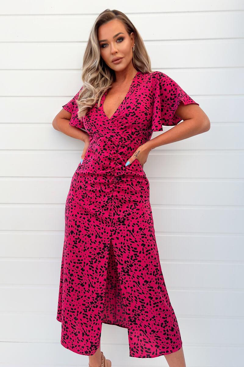 Ax Paris Pink And Black Printed Split Skirt Midi Dress