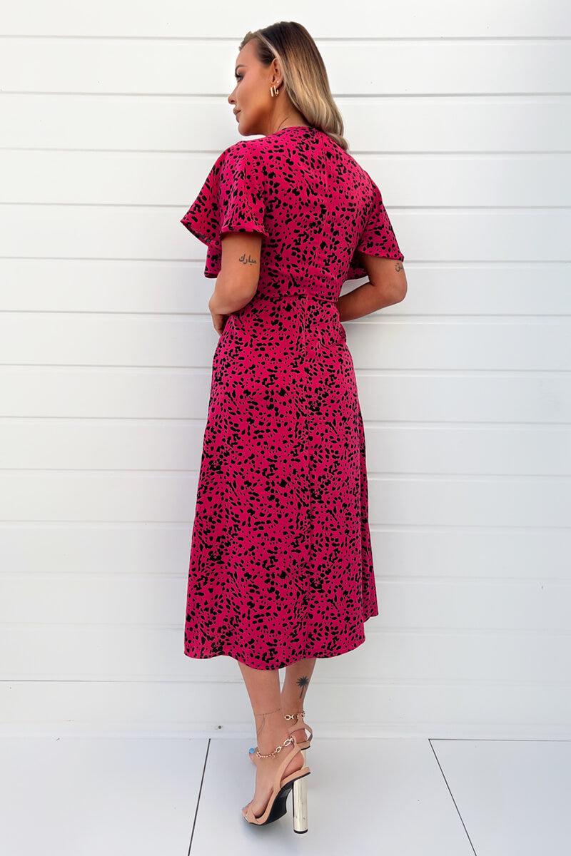 Ax Paris Pink And Black Printed Split Skirt Midi Dress