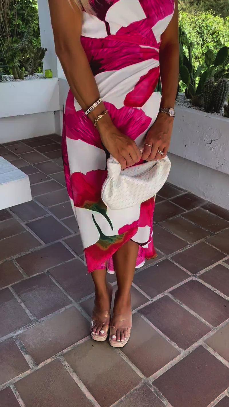 Ax Paris Pink And Cream Floral Print Wrap Top Gathered Midi Dress