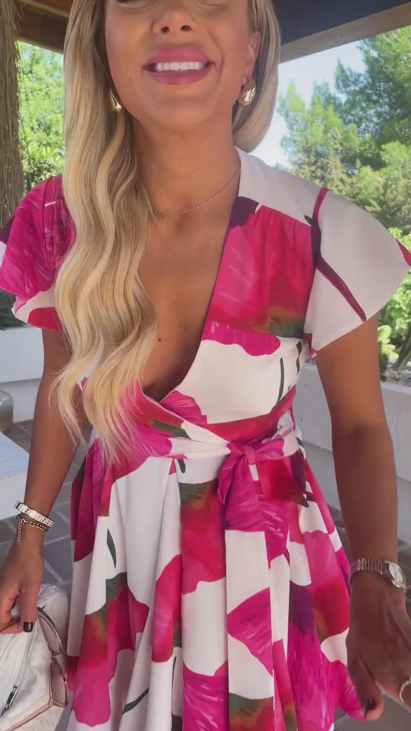 Ax Paris Pink And Cream Floral Print Wrap Top Tie Waist Skater Mini Dress