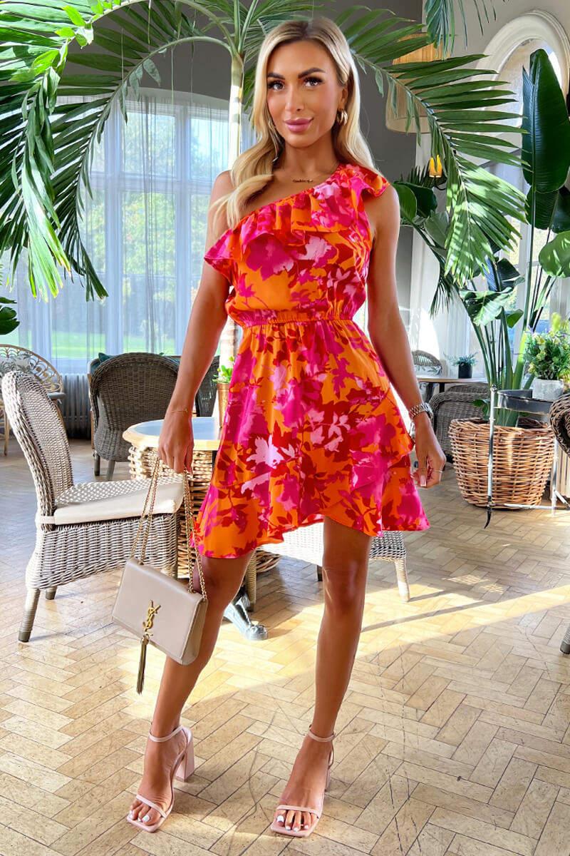 Ax Paris Pink And Orange Floral One Shoulder Frill Mini Dress