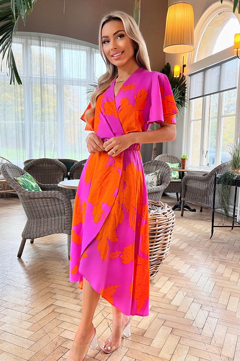 Ax Paris Pink And Orange Floral Print Belted Wrap Midi Dress