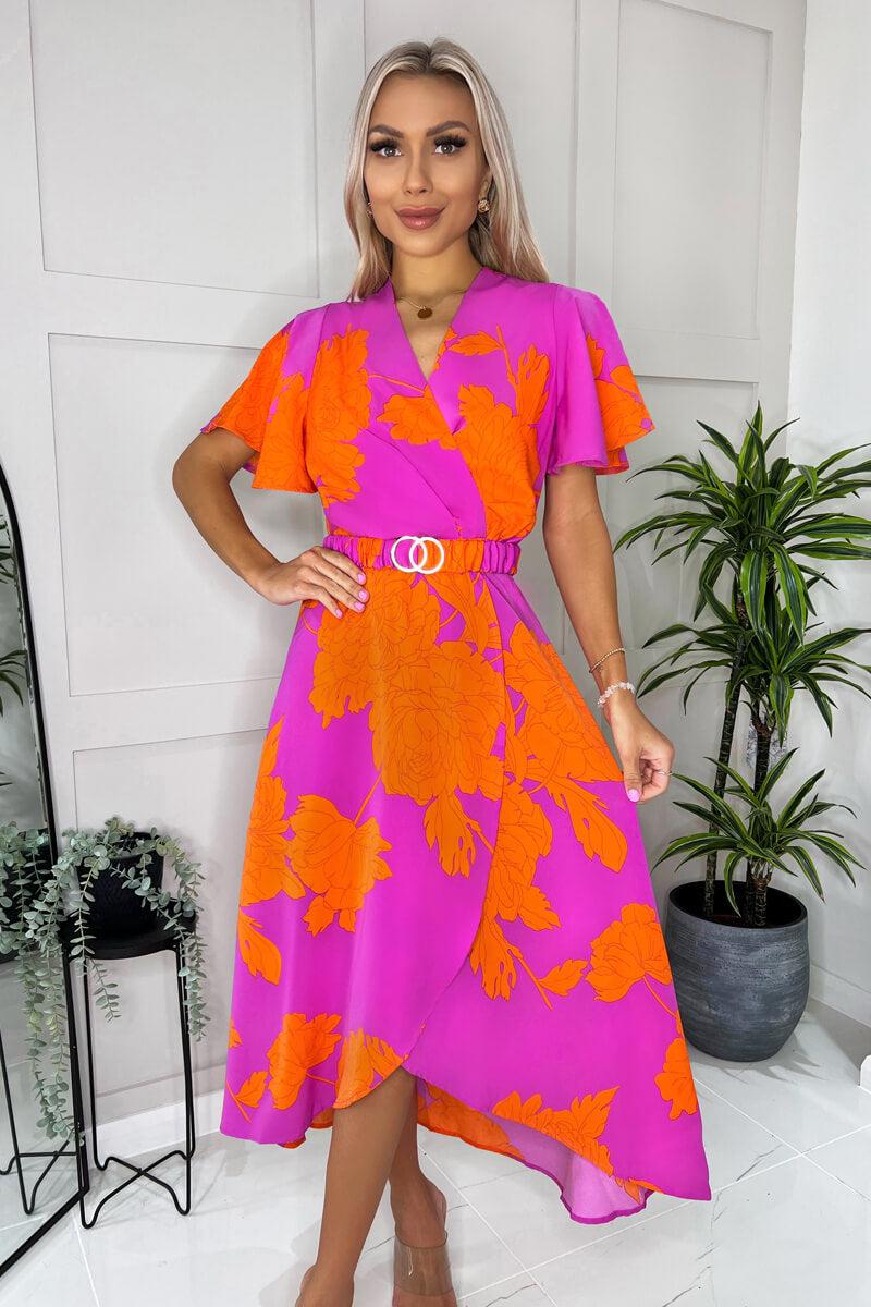 Ax Paris Pink And Orange Floral Print Belted Wrap Midi Dress
