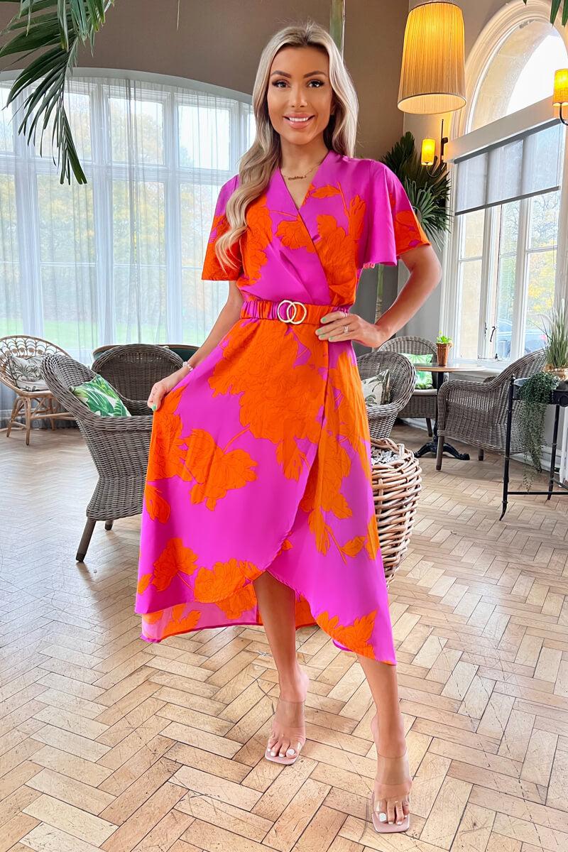 ax paris Pink And Orange Floral Print Belted Wrap Midi Dress