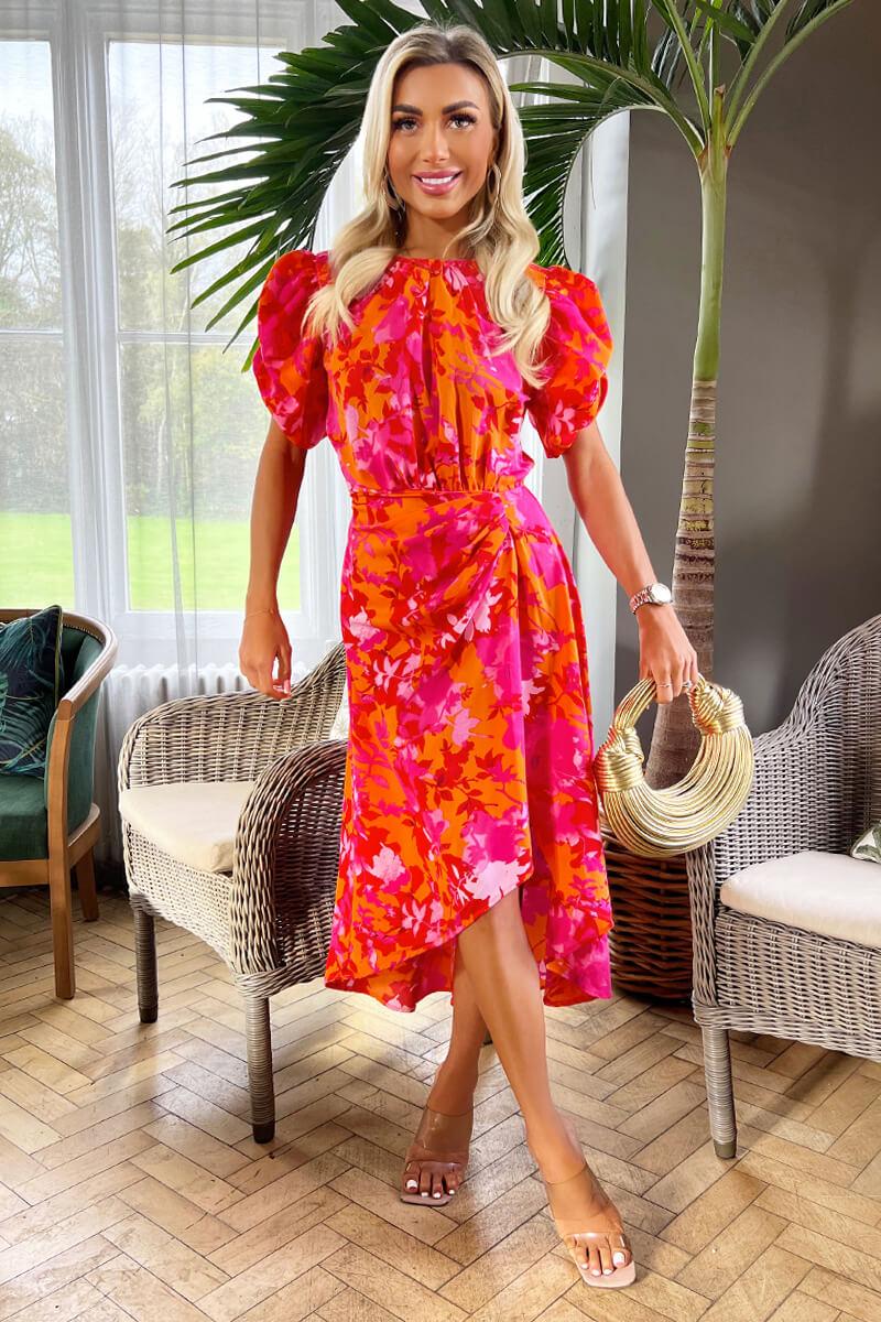 Ax Paris Pink And Orange Floral Printed Short Puff Sleeve Gathered Side Midi Dress
