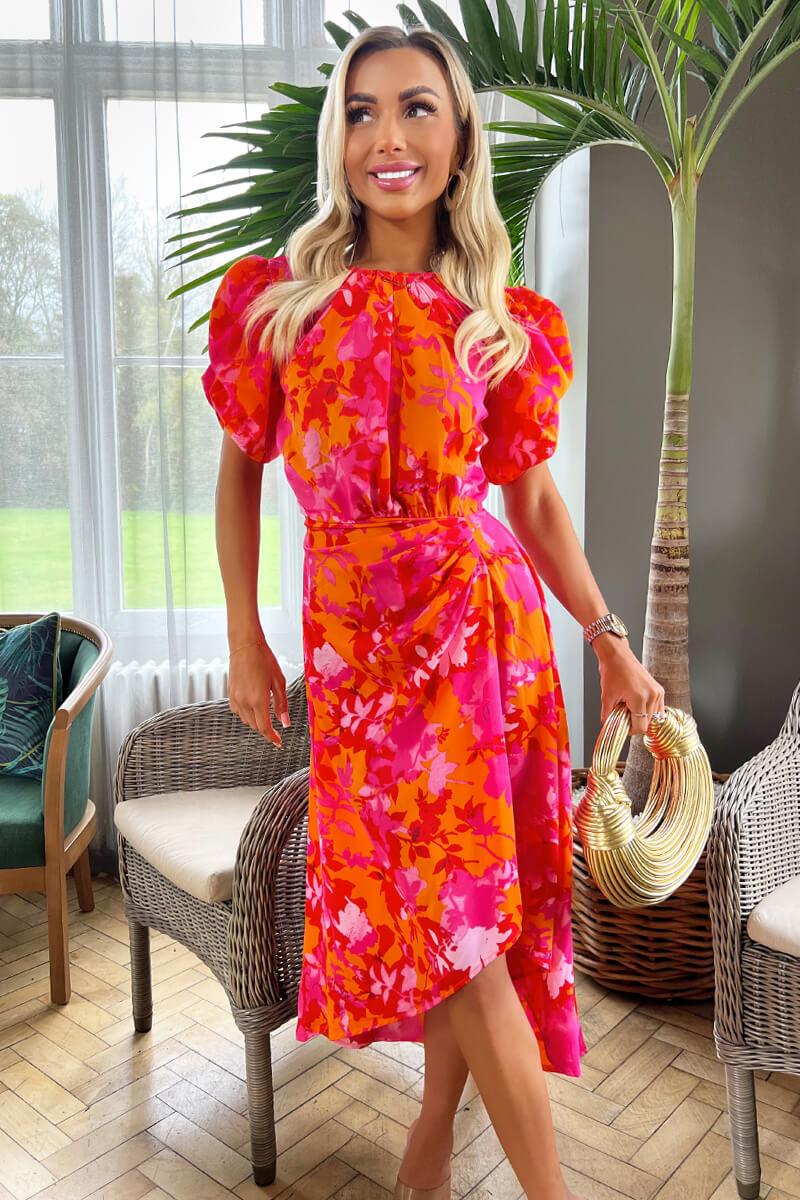Ax Paris Pink And Orange Floral Printed Short Puff Sleeve Gathered Side Midi Dress