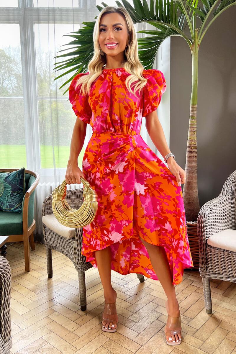 ax paris Pink And Orange Floral Printed Short Puff Sleeve Gathered Side Midi Dress