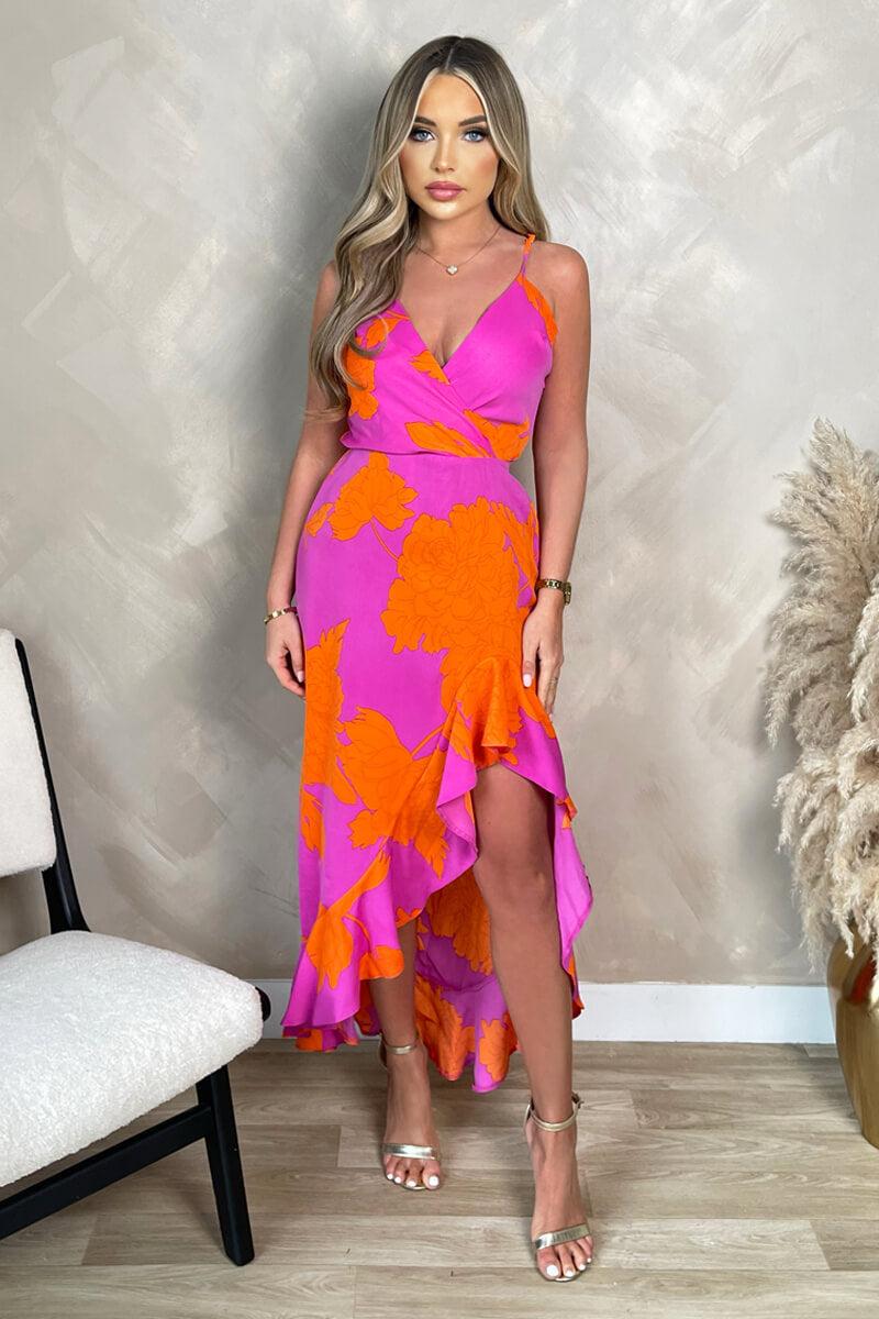 Ax Paris Pink And Orange Floral Printed Wrap Over Strappy Midi Dress