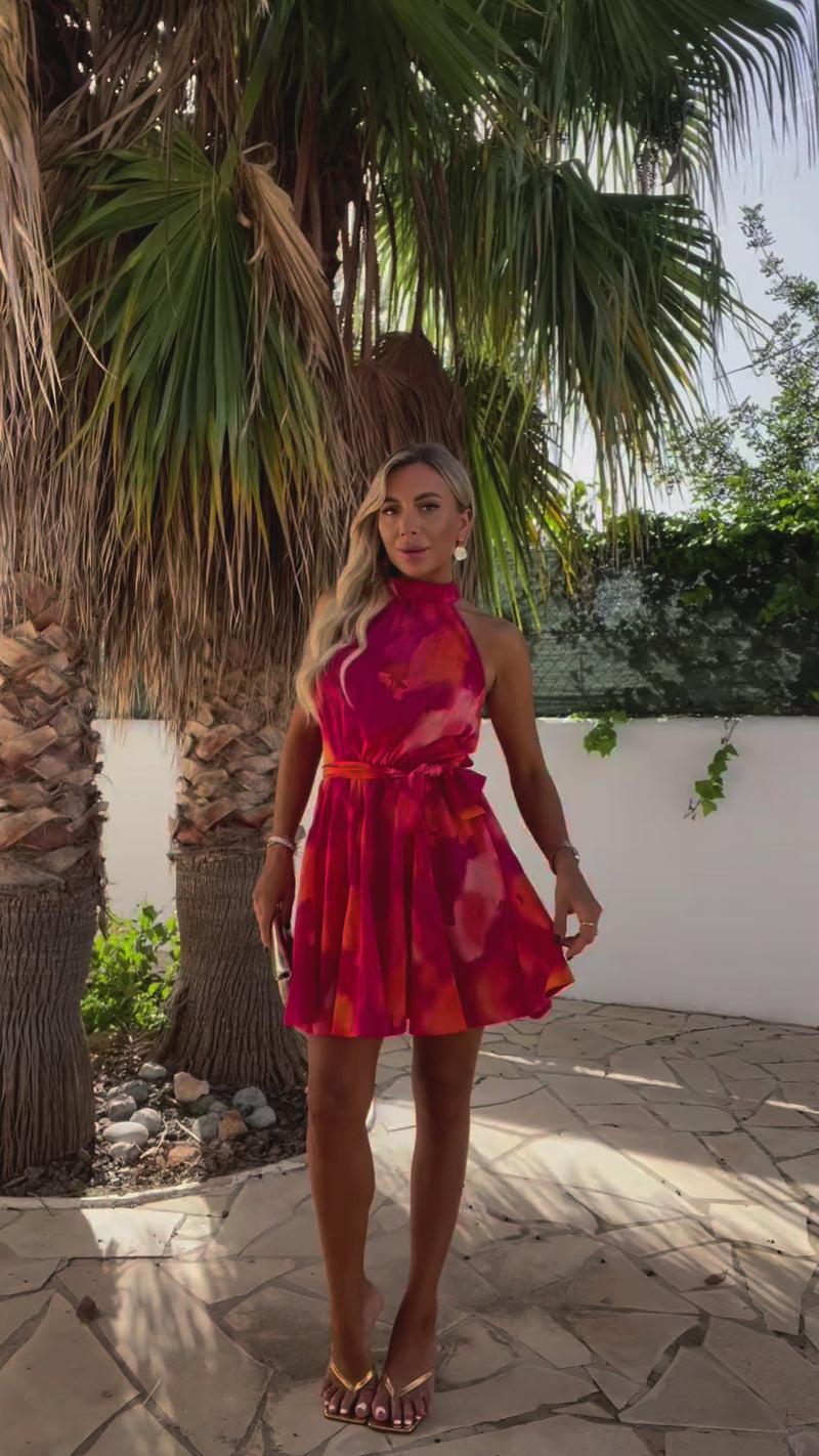 Ax Paris Pink And Orange Smudge Print Halterneck Tie Waist Mini Dress
