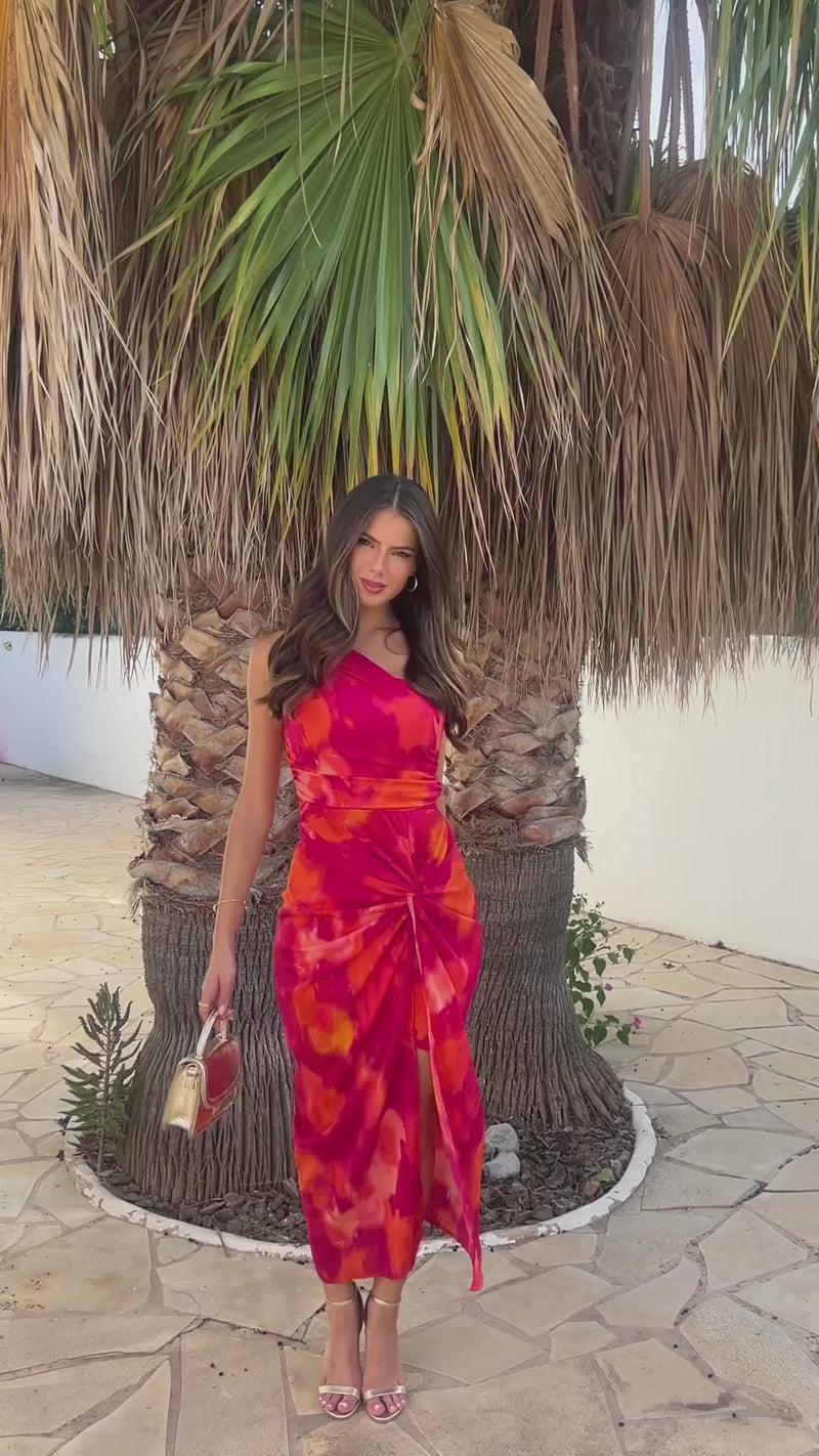 Ax Paris Pink And Orange Smudge Print One Shoulder Knot Skirt Midi Dress